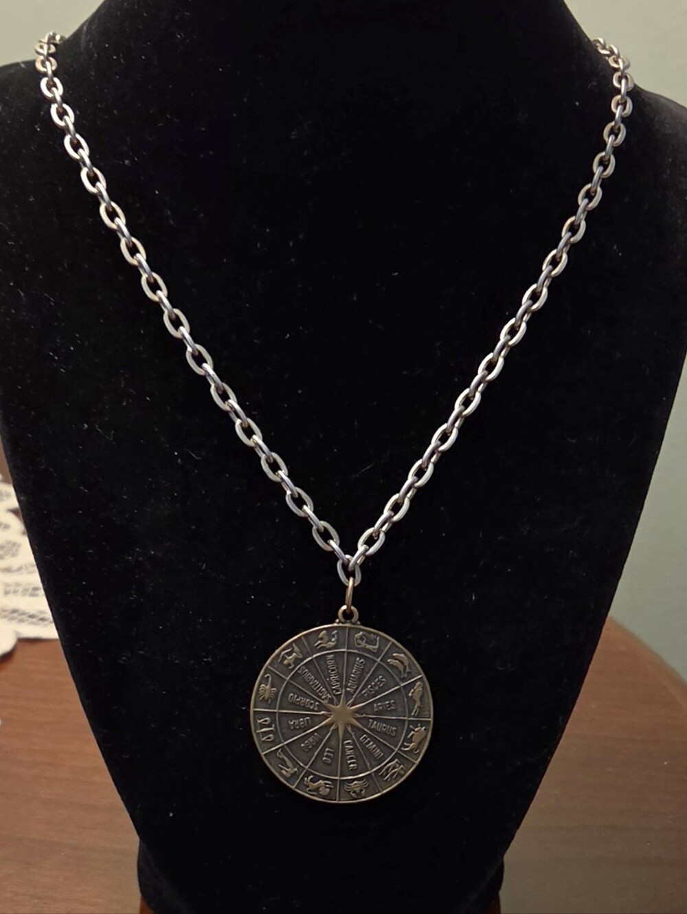 Vintage Brass Zodiac Calendar Necklace 24" Reversible Astrological Medallion